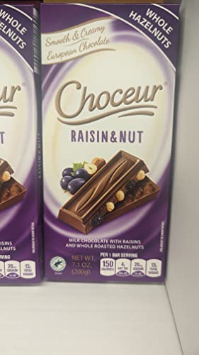 Choceur Raisin & Nut Smooth & Creamy European Chocolate, Milk Chocolate with Raisins and Whole Roasted Hazelnuts 7.1oz (200g)