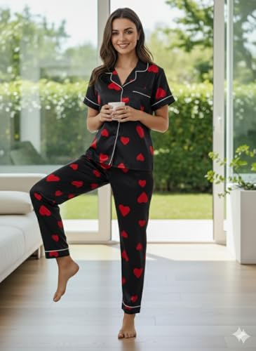 Image of Women's Lycra Heart Printed Night Suit Set of Shirt & Pajama Set Women Night Wear Set,Night Dress for Woman