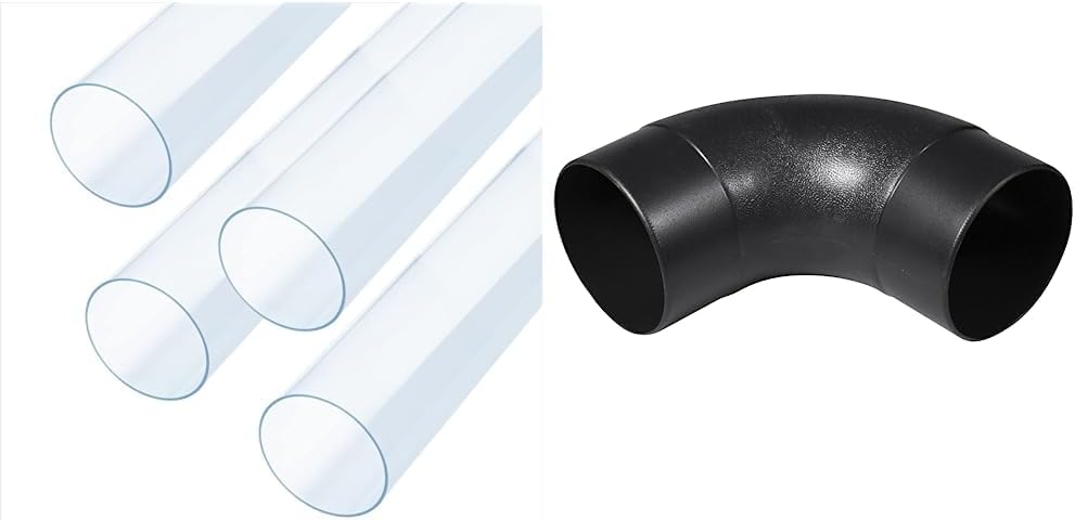 POWERTEC 70272-P4 Clear PVC Pipe 4" x 36" Long, 4PK, Rigid Plastic Tubing for Dust Collection Hose & Fittings & 70105 4" Elbow Dust Hose Connector, Black, 4", 90 Degree Elbow