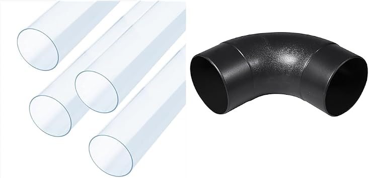 POWERTEC 70272-P4 Clear PVC Pipe 4" x 36" Long, 4PK, Rigid Plastic Tubing for Dust Collection Hose & Fittings & 70105 4" Elbow Dust Hose Connector, Black, 4", 90 Degree Elbow