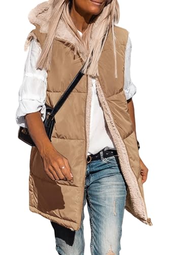 Women's Long Puffer Vest Fall Zip up Reversible Fleece Jackets Winter Warm Sleeveless Hooded Coat with Pockets4
