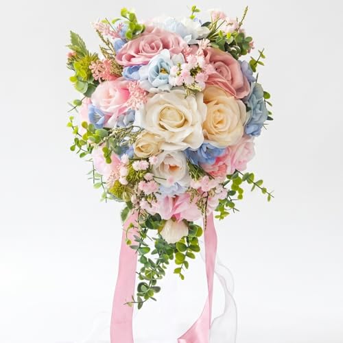 Light Pink & Blue Cascading Bridal Bouquet...
