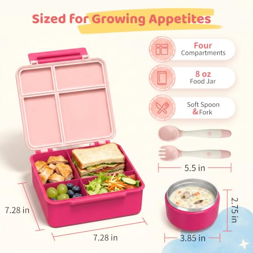 Image of Pawtong Bento Lunch Box with 8oz Soup Thermo, Kids Leakproof Lunch Food Containers with 4 Compartment, Kids Thermo Insulated Hot Food Jar for School, Trvael - (Pink)