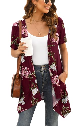 Image of Veryoung Floral Short Sleeve Cardigans for Women Casual Drape Open Front Lightweight Summer Cardigan with Pocket High Low Hem