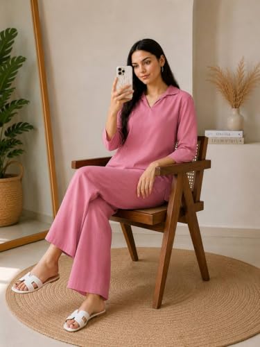 Image of Women's Co Ord Set for Women - Relaxed Fit Collared Top with 3 /4 Sleeves & Wide Leg Palazzo Pants, Casual Lounge Wear Matching Outfit for Daily Wear, Travel & Office