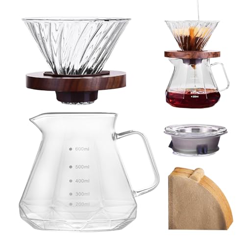 BONJUME Juego De Cafetera De Vertido, 600 Ml De Vidrio De Borosilicato Con 100 Filtros De Papel Tamaño 02 Y Collar De Madera De Nogal, Cafetera De Goteo Manual Para El Hogar, Cafetería Y Restaurante