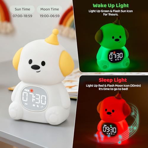 Image of Dog Alarm Clock with Night Light for Kids with Sleep Training and Sound Machine, Rechargeable Silicone Lamp OK to Wake Clock,Cute Animal Tabletop Lamp, Perfect Sleep Companion for Boys Girls