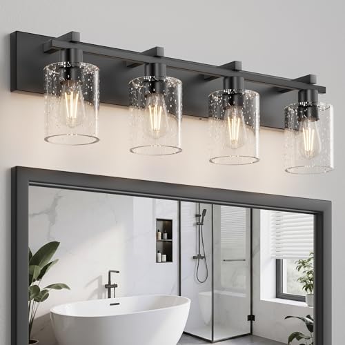 Espird Bathroom Vanity Light, 4 Light Matte Black Light Fixture with Thickened Seeded Glass Shade...