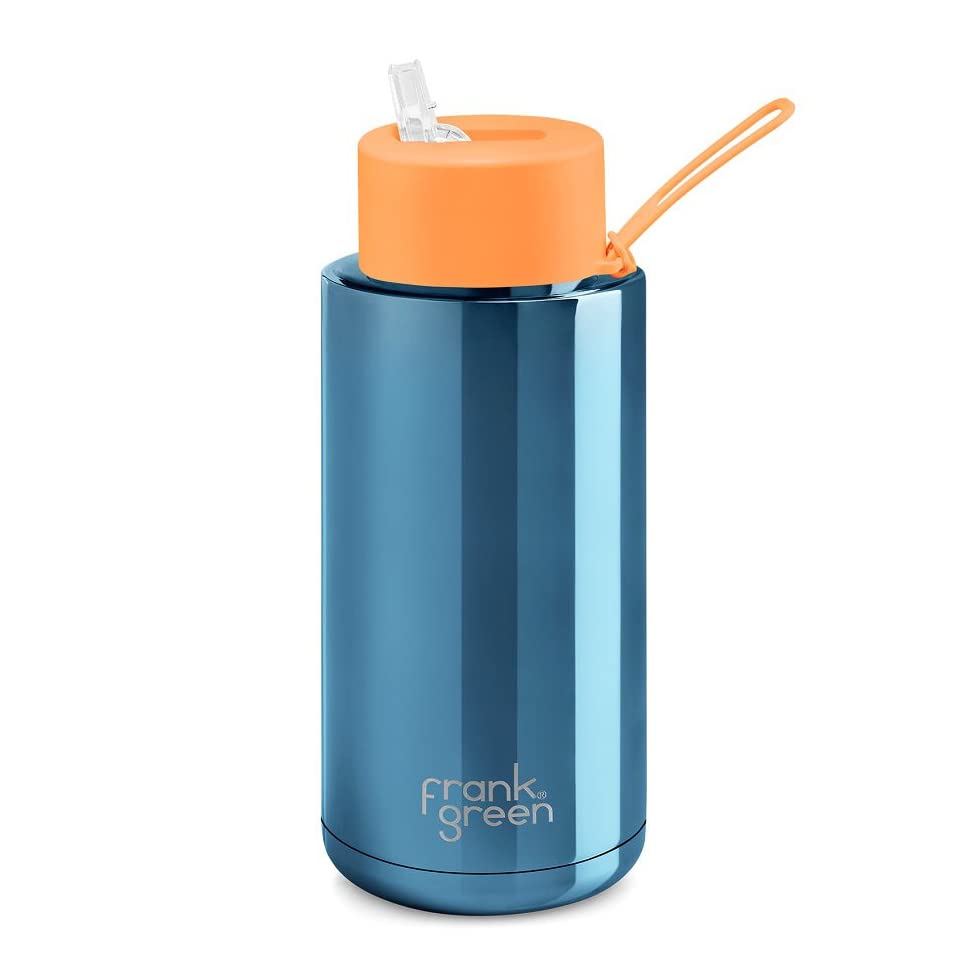 frank greenChrome Ceramic Reusable Water Bottle with Straw Lid, 34oz Capacity (Chrome Blue - Neon Orange Lid)
