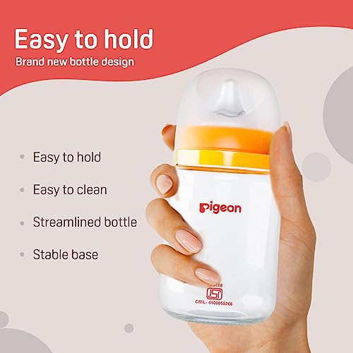 Image of Pigeon Wide Neck Glass Feeding Bottle 160 ml (Yellow) | Borosilicate Glass | Anti-Colic Silicone Nipple | BPA Free | Ergonomic Easy-Grip Design | 0m+ Newborns