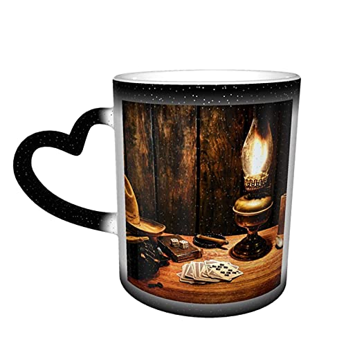 Oaieltj Divertidas tazas que cambian de calor, diseño de vaquero occidental, pistolas de póquer, sombrero de botella de cigarro, personalizado sensible al calor, taza de té con leche, tazas de café