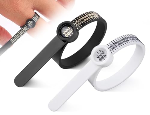 Lhbwhiz Juego de 2 medidores de Anillos, Medición de la Circunferencia del Dedo, Herramienta reutilizable para medir Anillos con Lupa, medidor múltiple para Europa (Blanco y Negro)