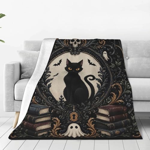 Gothic Blanket, Black Cat Throw Blanket, Vintage Book Blankets, Black Cat Lover Gifts, Cats Stuff Fleece Flannel Plush for Women Men Adults Soft Bedding for Sofa Bed Office Home Decor 60"X80"