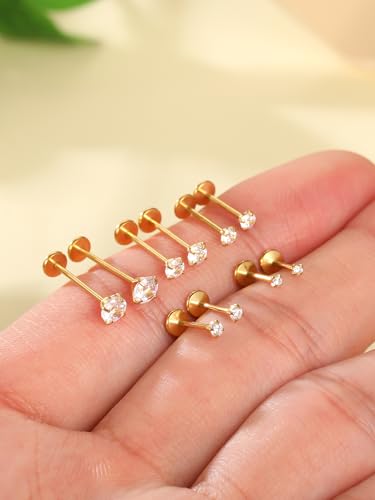 Image of Oveta Threadless Nose Stud Stainless Steel 20G 18G 16G Threadless Flat Back Tragus Earrings Labret Medusa Monroe Ashely Lip Piercing Jewerly Gold
