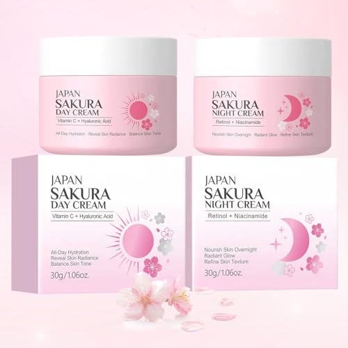 Sakura Day Cream & Night Cream Set, Anti Aging Skincare Face Moisturizer with Hyaluronic Acid & Retinol for Long-Lasting Hydration and Smooth Skin (2 Pack)