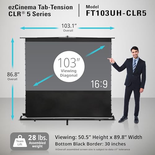 Image of Elite Screens ezCinema Tab-Tension CLR 5, 103-inch Portable Floor-Rising UST Projector Screen, 16:9 ALR Ceiling Light Rejecting Tab-Tension Scissor-Backed Manual Pull-Up+Carry Bag, Black- FT103UH-CLR5