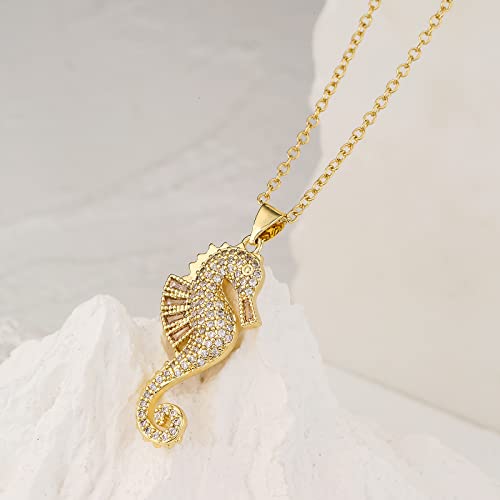 18K Gold Plated CZ Zircon Seahorse Pendant Necklace For Women 17.7"+2"3