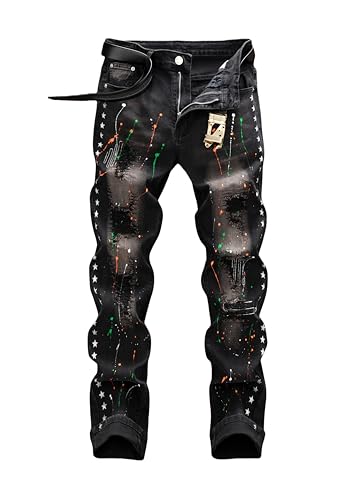 Men's Street Fashion Trendy Embroidered Ripped Star Print Jeans