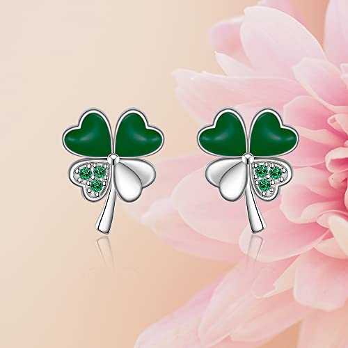 S925 Sterling Silver Heart Four Leaf Clover Shamrock Earrings For Women Girls Irish Emerald Crystal Clip On Piercing Stud Charm Fashion Love Leaf Prom Valentine St Patricks Day Earring #TOP7