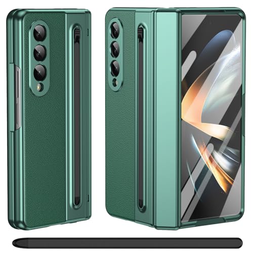 Funda para Galaxy Z Fold 3 con lápiz óptico, protección de bisagra + Soporte para S Pen + Protector de Pantalla de Vidrio Templado, Funda de Cuero para Samsung Galaxy Z Fold3-Verde