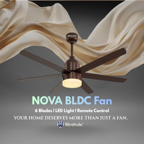 Image of NOVA BLDC Ceiling Fan with LED Light & Remote Control, 1200mm Sweep | 6 Blade Ultra Silent Designer Fan with 6-Speed Settings, 2H /4H /8H Sleep Timer Fan for Home & Living Room (Brown)