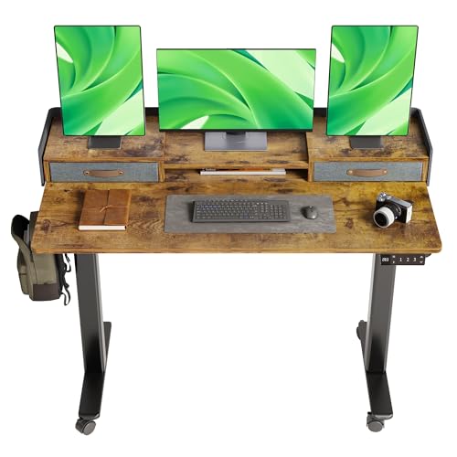 Image of Claiks Standing Desk with Drawers & Wheels, 2 Height Shelf 55 inch Rustic Brown