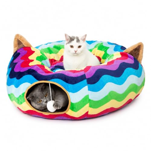 Image of Large Cat Tunnel Bed Under Christmas Tree with Fluffy Toy Balls, Small Cushion and Flexible Design- 10 inch Diameter, 3 ft Length- Great for Cats, and Small Dogs, Rainbow Wave Color