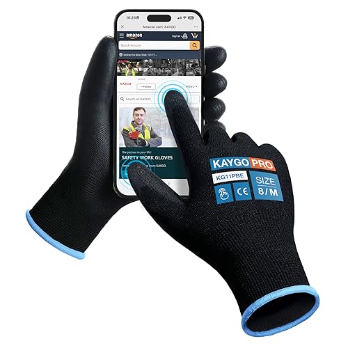 Image of KAYGO Safety Work Gloves, PU Coated, 2-Finger Touchscreen, KG11P | Breathable & Lightweight, Smooth Grip, 13-Gauge Seamless Knit, for Light Warehouse, Manufacturing, Gardening