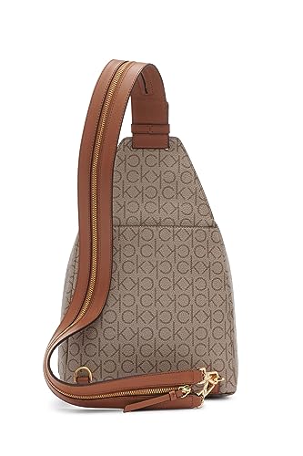 Image of Calvin Klein Women's Millie Backpack for Women - Vegan Leather Monogram Backpack, 2 Pockets, Almond /Taupe /Caramel, One Size
