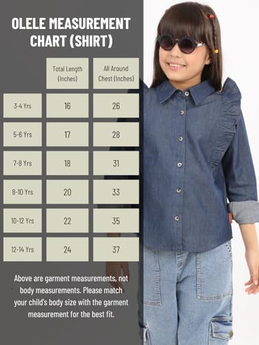 Image of olele Girls Full Sleeve Ruffles Cotton Linen Shirt - White for 4 to 14 Years | Kids Girl White Shirt | White Ruffle Shirt for Girls | Shirt Jeans