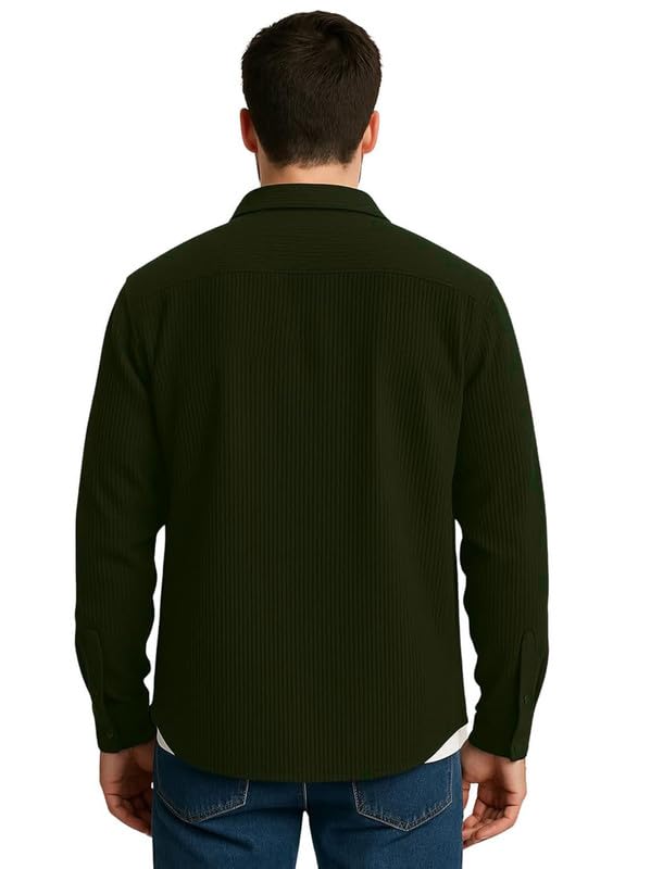Image of DEELMO Men's Full Sleeve Corduroy Shirt | Stylish Textured Casual Button-Down Shacket for Autumn Winter | Dual Pocket Front Design | Ideal for Layering and Daily Outfits