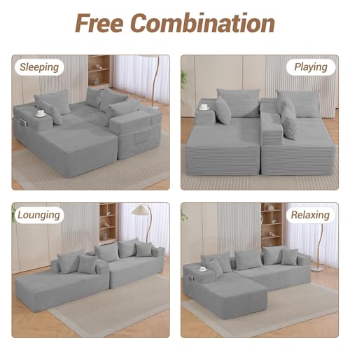 Image of 105'' Cloud Sectional Couch, Modular L-Shaped Boneless Sectional Sofa, Corduroy Deep Seat Couch, Small Space Sofas for Living Room Bedroom Apartment, No Assembly, Grey
