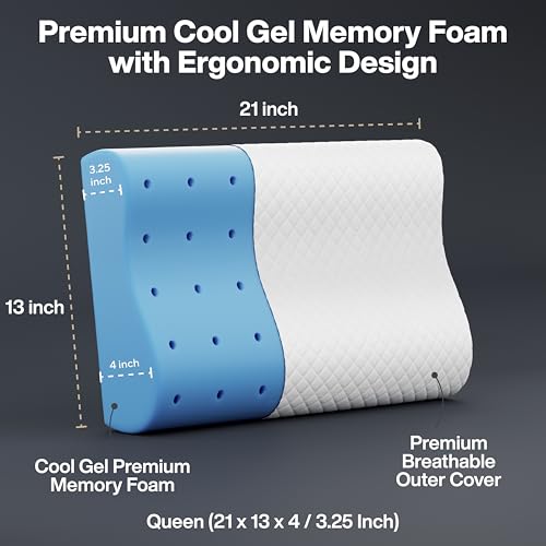 FOVERA Cervical Pillow | 2 Years Warranty | Cool Gel Memory Foam Orthopedic Neck Support Pillow for Sleeping, Neck & Shoulder Pain (Queen - 21 x 13 x 4 Inch, Dual Color, Pack of 1)