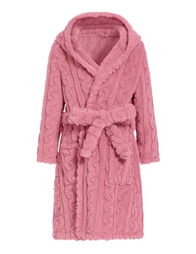 JiAmy Peignoir pour fille avec capuche en polaire chaud et doux pour enfants Robe de bain floue en éponge 4-14 ans, Rose, 13-14 ans