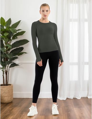 Image of MathCat Seamless Workout Shirts for Women Long Sleeve Yoga Tops Sports Running Shirt Breathable Athletic Top Slim Fit XS-XL Moss Green