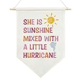 AGMDESIGN She Is Sunshine Mixed With A Little Hurricane Canvas Hanging Pennant Flag Banner, Inspirational Girl Nursery Decor, Girls Room Nursery Playroom Bedroom Home Flag Decor, Girl Room Decor Gifts