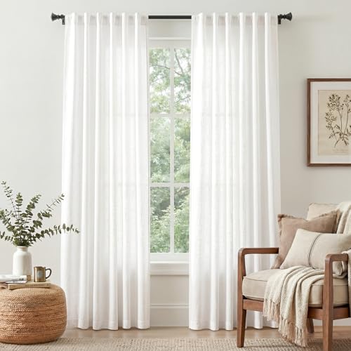 jinchan Linen Curtains Light Filtering Back Tab 50x84 Inch 2 Panels White