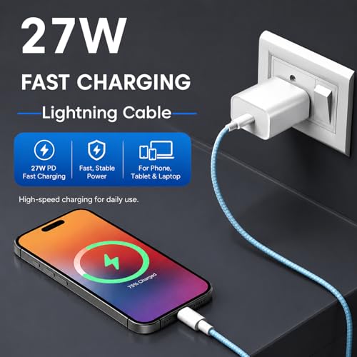 Image of Sounce 27W USB-C to Lightning Nylon Braided Cable 1.2M | PD Fast Charging & 480 Mbps Data Sync | Tangle Free | Compatible with iPhone, iPad, AirPods & iMac | Blue