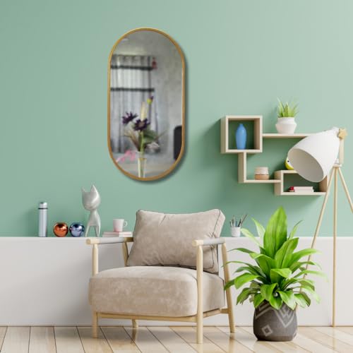 Image of Modern Elegance Capsule Shape Wall-Mounted Mirror Metal Framed Wall Mirror Bathroom Mirror Living Room Mirror Home Decor Mirror 18 x 36 Inches Golden MF 111