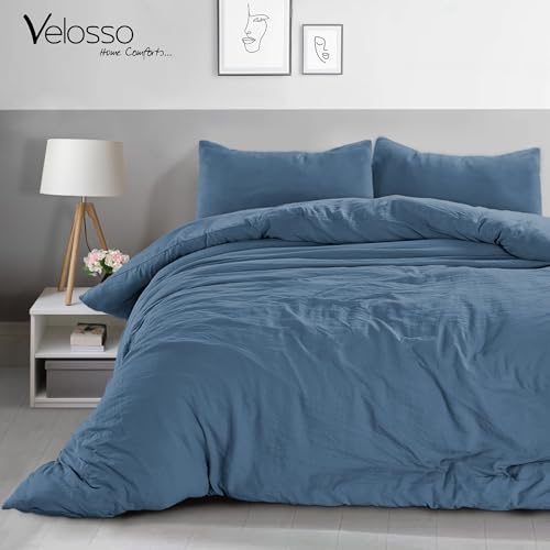 Velosso Washed Linen Brushed MicroFibre Denim Blue Duvet Cover Bedding Set Soft Plain Dye Bedding Quilt Cover Set, with Pillow case (Denim Blue, Double) - Image 2