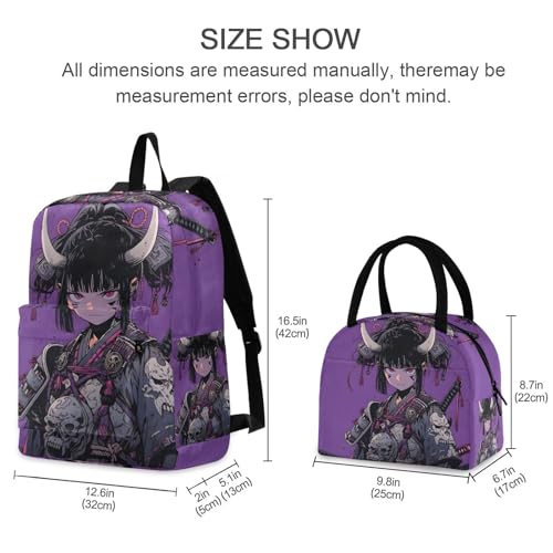 Backpack Lunch Box Set Large Capacity Travel Backpacks and Insulated Lunch Bag for Commute Hiking Picnic Anime Japanese Samurai Print2