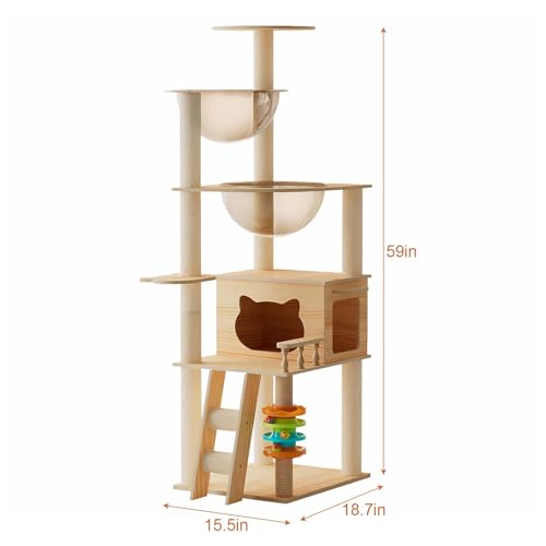 Torre moderna para gatos de madera 59 pulgadas con poste de sisal miniatura 2