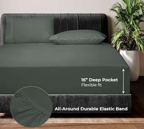 Image of Royale Linens Bamboo Viscose Queen Sheet Set - Cooling Bed Sheet Set - 1 Fitted, 1 Flat & 2 Pillowcase - Fits Up to 16 inch - Organic Viscose Derived from Bamboo - Bedding Sheet & Pillowcase (Queen, Grey)