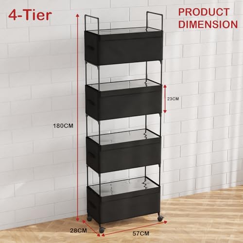 Image of Lukzer 4-Tier Clothes Organizer Basket with Wheels | Fabric Closet Storage Rack for Folded Clothes | Metal Rolling Wardrobe Shelf for Bedroom Closet & Laundry Room (Black /28x57x180 cm)