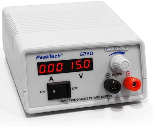PeakTech 6220 Mini DC schakelende voeding regelbaar 1,5V - 15V / 2A, laboratoriumvoeding met LED-display, P 6220, lichtgrijs