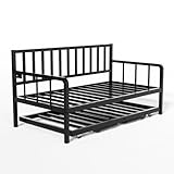 MU Daybed with Trundle Bed, Twin Bed Frame with Charging Station and LED Lights, Metal Sofa Day Bed with Pop Up Trundle and Steel Slat Support for Living Room, Bedroom and Guest Room, Black