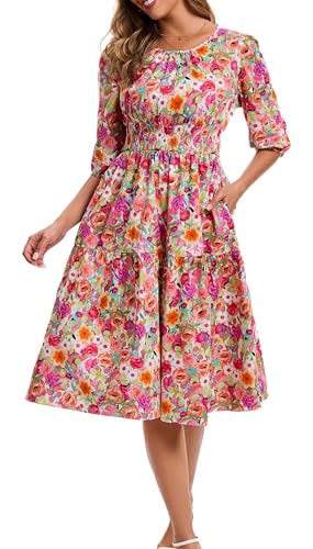 Image of Kormei Women Casual Boho Floral Round Neck 3 /4 Sleeve Smocked Waist Tiered A Line Flowy Swing Midi Dress Long Dresses