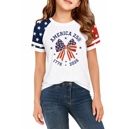 Xynerix Kids 250 Anniversary USA Shirts Girls America Tshirt 4th of July Shirt Patriotic Short Sleeve Tops