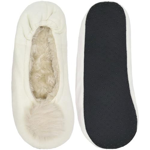 BambooMN Adult Women's Rabbit PomPom Fuzzy Fur Soft Non-Slip Slipper Socks, Indoor Travel Home, 1 Pair