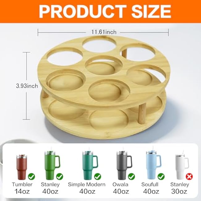 Bamboo Stanley Cup Holder with Water Bottle Organizer for Stanley Tumbler - Cup Holder Stand for Water Bottle and Stanley Cup Accessories, Compatible with 14 to 40oz Cups as Stanley